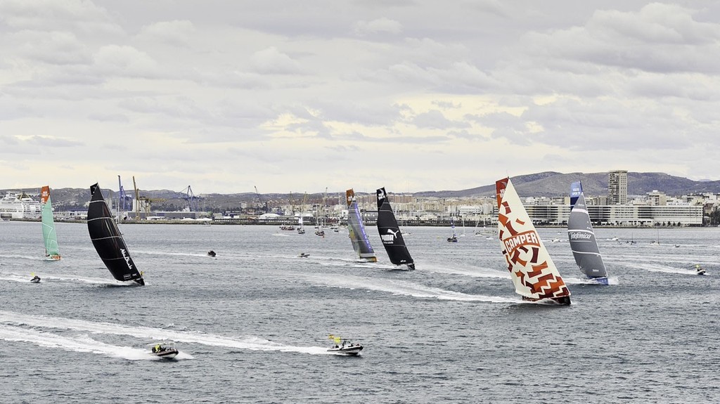 The fleet of Volvo Open 70’s at the start of leg 1 of the Volvo Ocean race 2011-12 from Alicante, Spain © Paul Todd/Volvo Ocean Race http://www.volvooceanrace.com